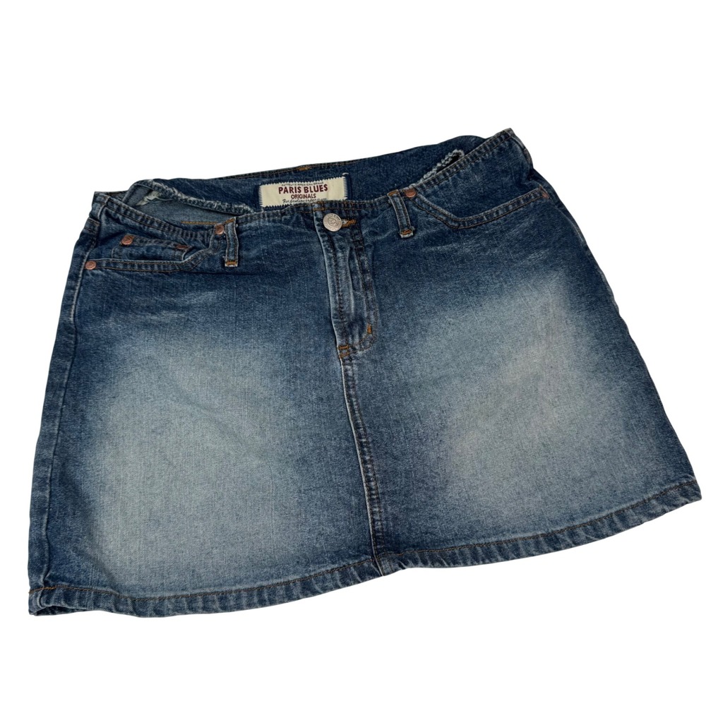 Vintage Paris Blues Women Size 7 Denim Mini Skirt Y2K Blue Wash 30x13 Distressed